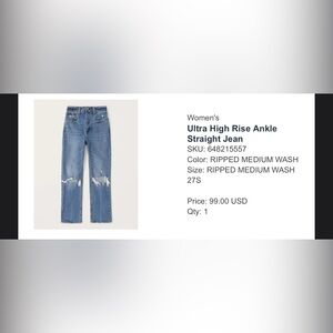 Abercrombie Ultra High Rise Ankle 90’s Straight Jean - Ripped Medium wash - 27s
